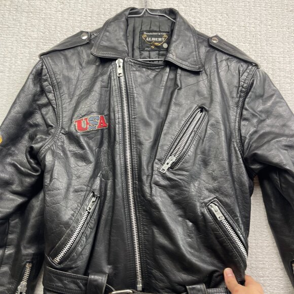 VTG Albert Montreal Leather Black Biker Jacket Coat Eagles American Flag USA REA - Picture 9 of 16